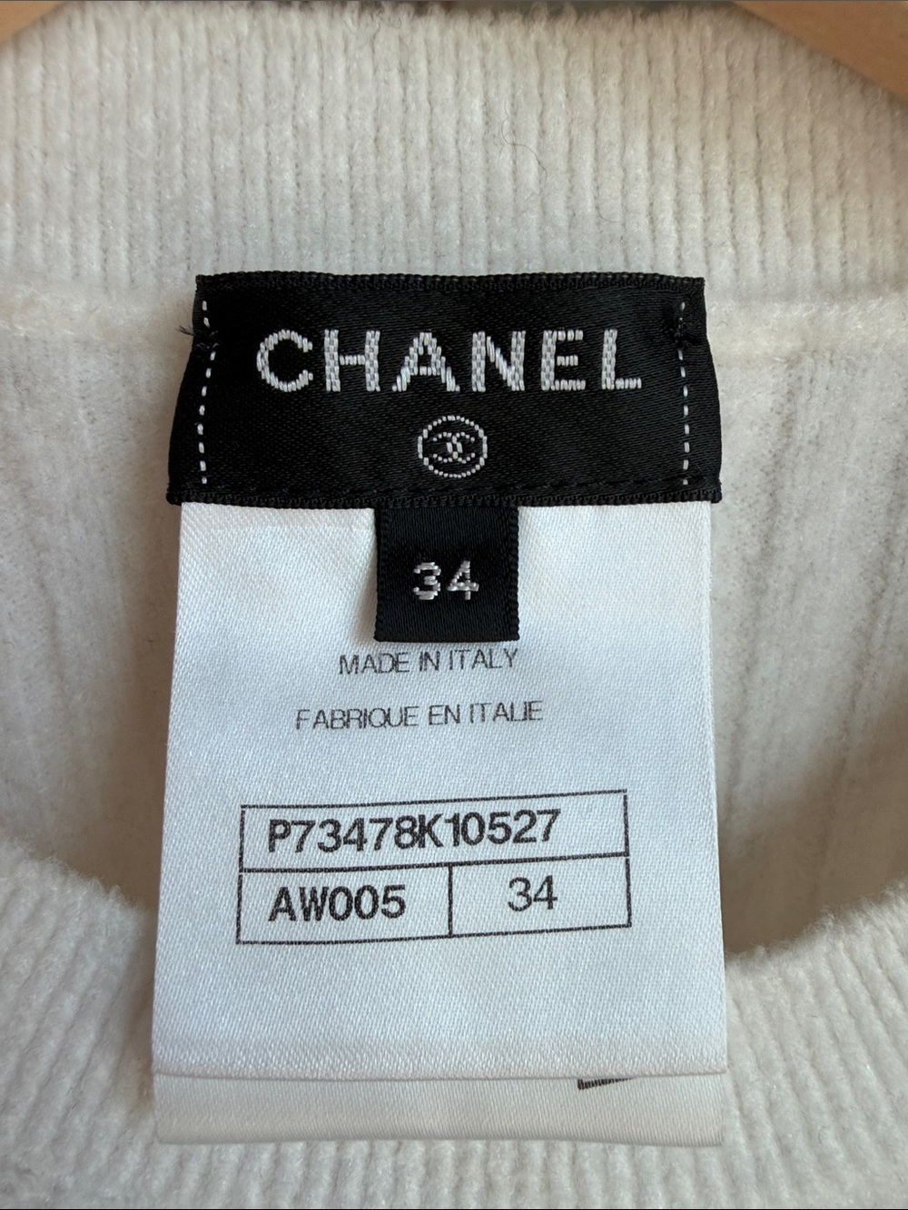 CHANEL White Ribbed Cashmere Crewneck Sweater with Embellished CC - Picture 2 of 9